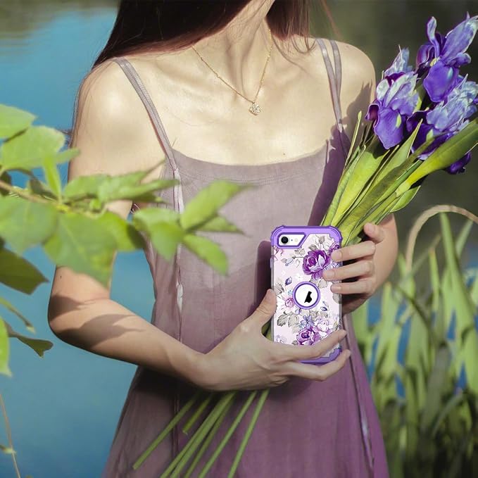 Hocase for iPhone SE 2022/2020 Case, Heavy Duty Shockproof Protection Hard Plastic+Silicone Rubber Hybrid Protective Case for iPhone SE 3rd/2nd Generation (4.7") - Lavender Flowers