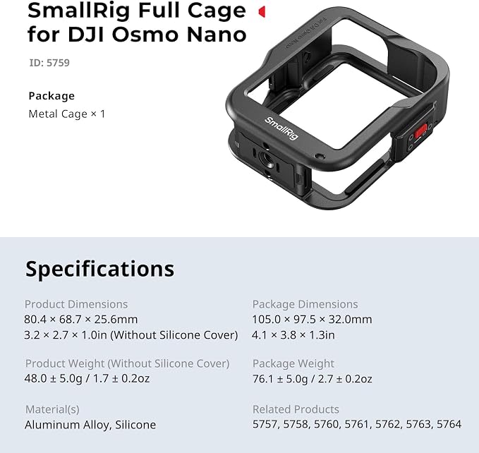 SmallRig Full Cage for DJI Osmo Nano, Aluminum Case Protective Frame Mount, One-Touch Unlocks Expansion Housing Shell for OSMO Nano, with Cold Shoe and 1/4"-20 Threaded Holes