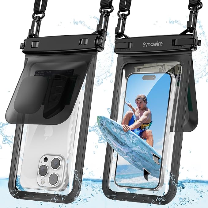 SYNCWIRE Waterproof Phone Case, 2-Pack IPX8 Double Space Waterproof Phone Pouch for iPhone 15 14 13 12 Pro Max XR X SE 2022 8 Samsung S24 S23 S22 Ultra S21 Phones Under 8.5 Inch - Black