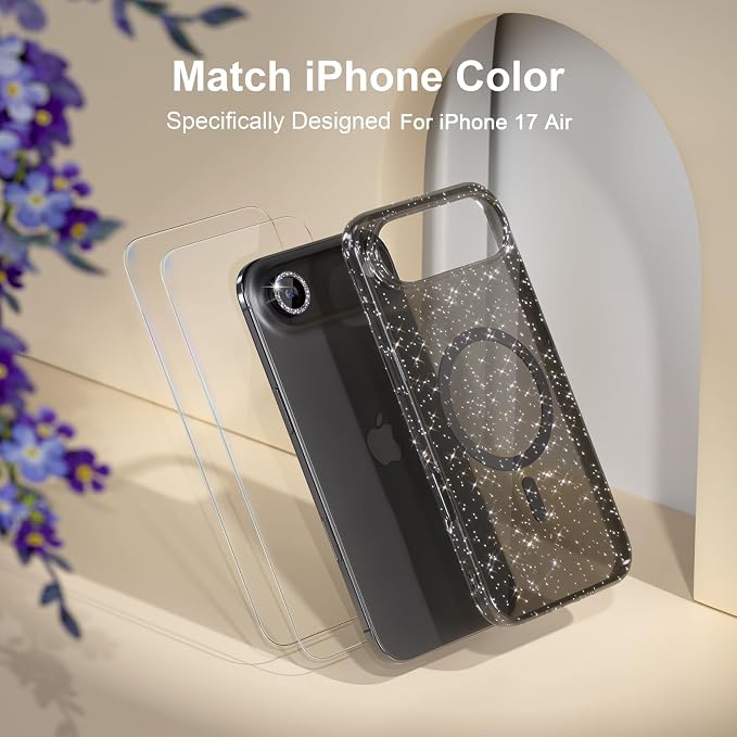 Choiche Magnetic for iPhone 17 Air Case Compatible with MagSafe, Women Cute Glitter Sparkly Phone Case with Diamond Camera Lens Protectors, Military-Grade Drop Protection 6.5" (Black)