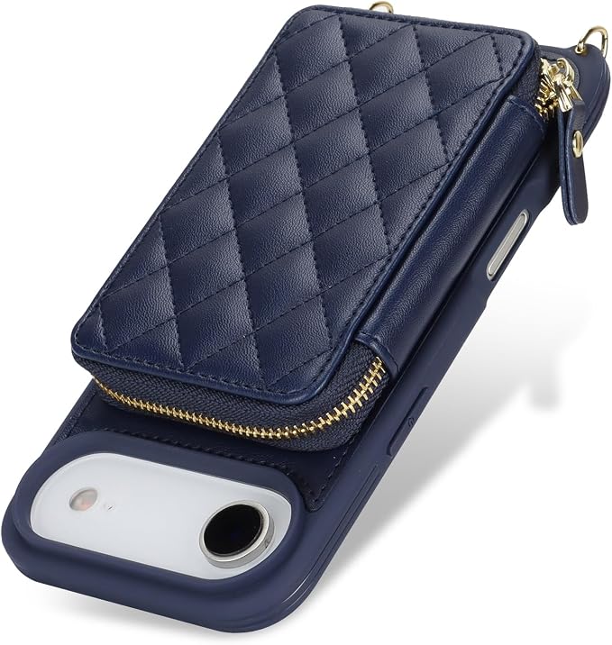 Crossbody Wallet Case for iPhone Air, PU Leather Zipper Handbag Purse Flip Cover, Kickstand Folio Case with Card Slots Holder Wrist Strap Lanyard 5G 6.5 Inch-Blue