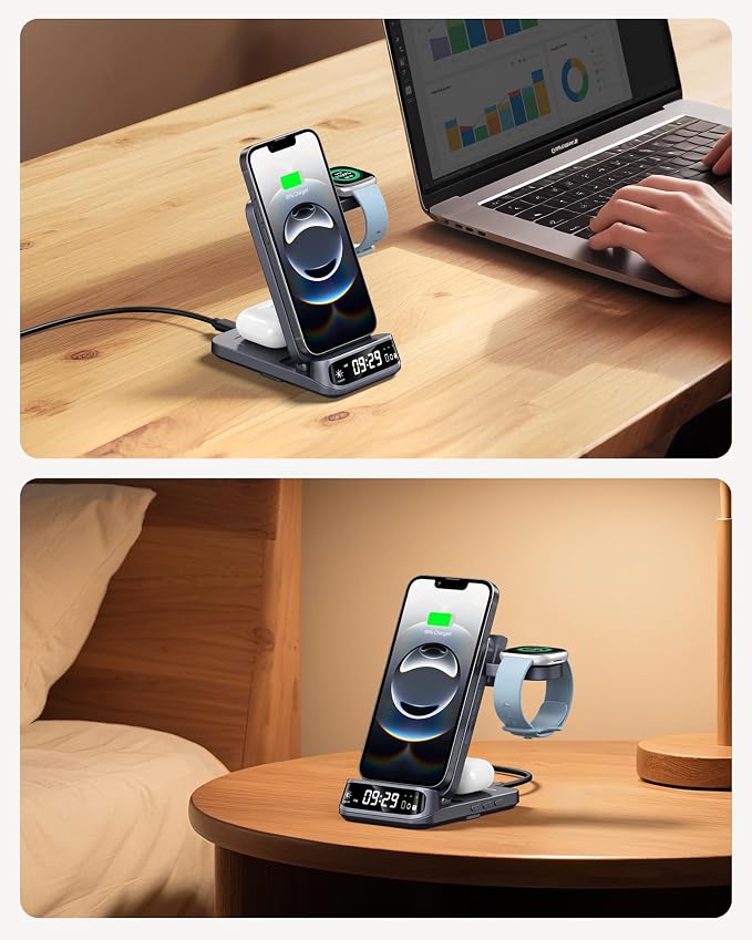 Wireless Charger for Fitbit Versa 4/3/Sense 2/1/Ace LTE, Charging Station for iPhone 17/16/15/14/13, for Samsung S25/S24/S23, 3-in-1 Charger Stand for AirPods/Galaxy Buds, SwanScout 708FB (No Adapter)