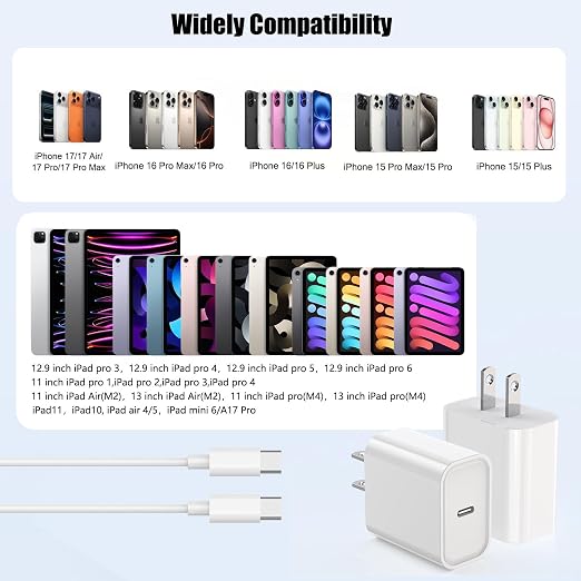 iPhone 17 16 Pro Max Charger Fast Charging, 20W Quick USB C Chargers Type C Charging Block 6Feet USB C to C Charger Cable for iPhone 17/17 Pro/17 ProMax/17 Air/16 Pro/16 ProMax/16e/15 ProMax/15Plus