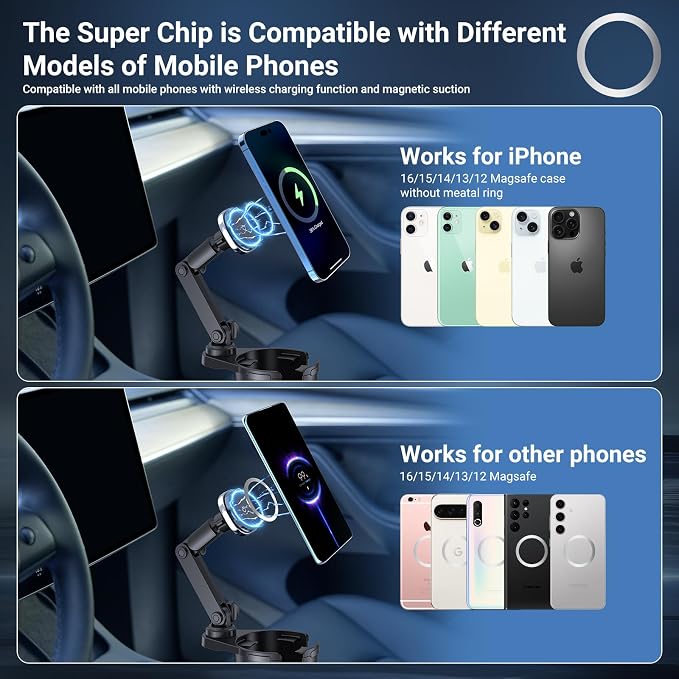 This Hill for Magnetic Cup Holder Charger, 360° Rotating Wireless Magnetic Car Charger, Fast Charging Phone Holder for iPhone 17 16 15 14 13 12 and Samsung Galaxy S20 Above Series [With QC 3.0 Adapter