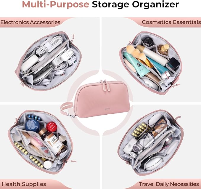 FYY Travel Cable Organizer - 8 Compartments, Lightweight, Water Repellent | With Wrist Strap, Portable Tech Pouch for Cord Charger, Travel and Business Trips Use, Soft Shell Nylon, Pink (Large)