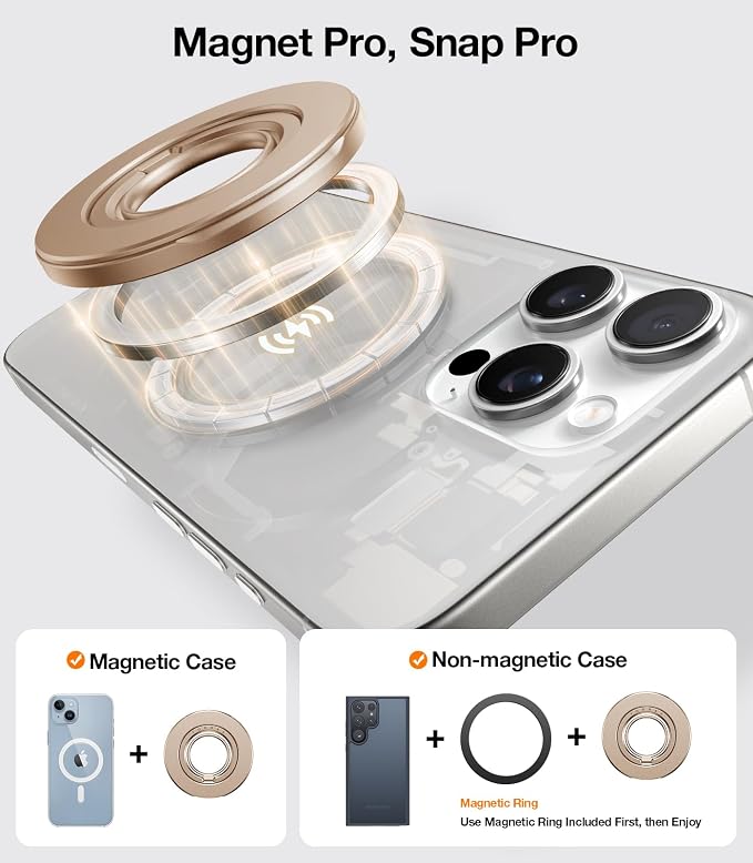 TORRAS Upgrade Gen2.0 (Dual-Ring) Fit for MagSafe Phone Grip Ring Holder, Kickstand Magnetic, Compatible with MagSafe Accessories for iPhone 17/16/15/14/13/12/11 Samsung, Google, Android, Desert Gold