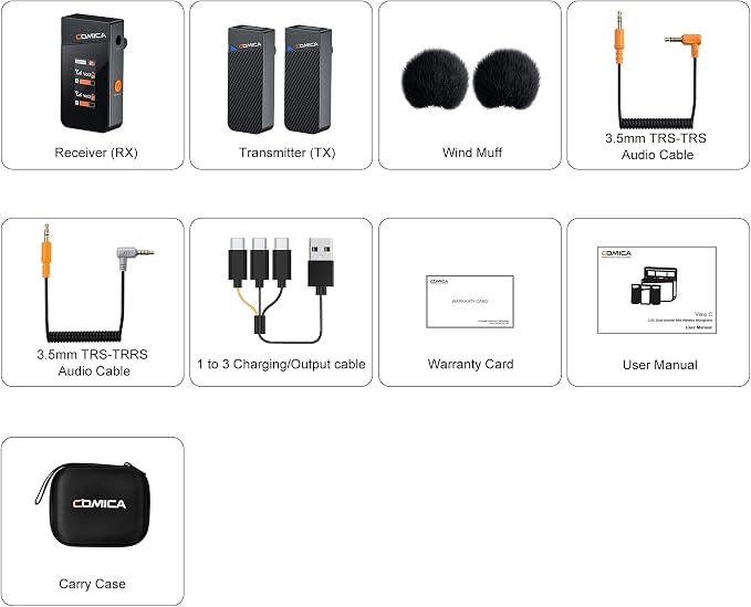 COMICA Vimo C2 Wireless Lavalier Microphone, 2.4G Dual Transmitter Noise Cancellation, 8HR 656FT Wireless Mic for YouTube Video Recording Online Class Live-Stream Vlog on Camera Smartphone PC