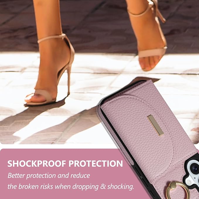 Keallce Wallet Case for iPhone 16 Plus 6.7'', Flip Case with Card Slots, Ring Holder Kickstand, PU Leather Protective Folio Cover for Women, Pink