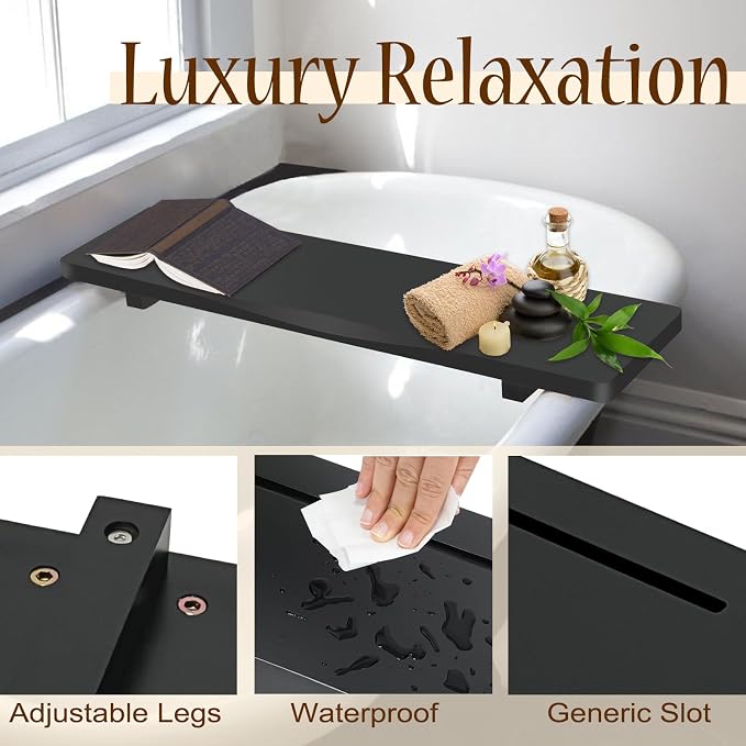 Stylish Black Bamboo Bathtub Tray Caddy with Adjustable Legs, Minimalistic Design Bath Tray for Tub, Bathtub Accessories, Fit Standard and Against Wall Bath Tubs, Gift Idea for Women