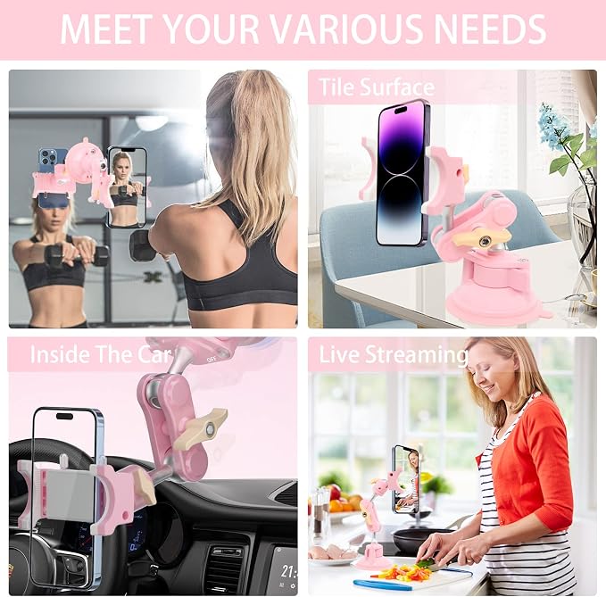 Suction Cup Phone Mount 360 Rotating Universal Ball Head Arm for Car Dashboard Windshield Vehicle Sunroof (1pc*Pink)