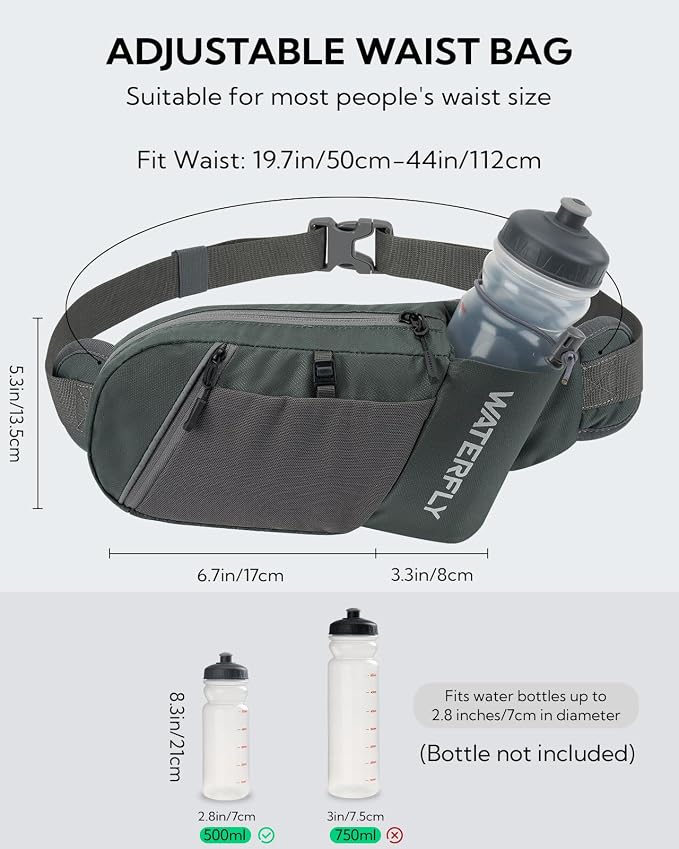WATERFLY Fanny Pack Waist Bag: Hiking Water Bottle Holder with Strap Waist Pack for Women Men Hydration Hip Packs for Running Walking Traveling-Gray