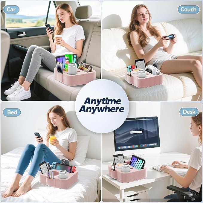 Couch Cup Holder Pillow, Sofa and Bed Caddy for iPad, Kindle, Switch, Game Controller, Remotes, Phones, Small-Sized Cup & Drink Holder for Couch, Bed, Desk, Car, Beach, Bathroom Cup Holder Pink