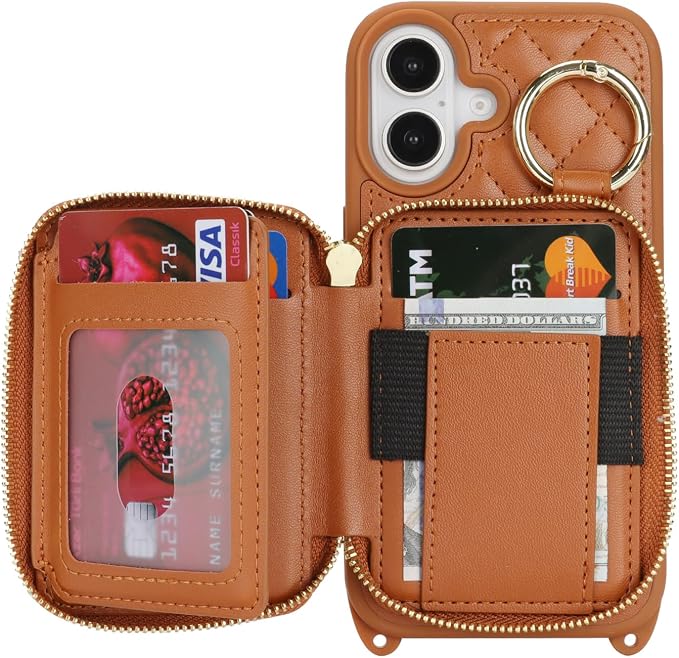 Crossbody Wallet Case for iPhone 17, PU Leather Zipper Handbag Purse Flip Cover, Kickstand Folio Case with Card Slots Holder Wrist Strap Lanyard 5G 6.3 Inch-Brown