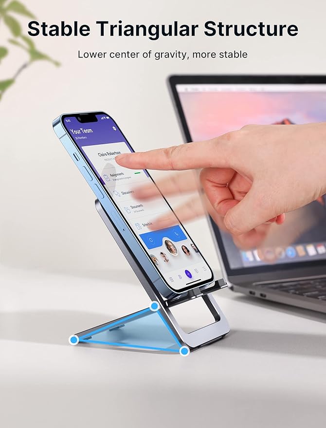 JSAUX Cell Phone Stand, Foldable Aluminum Adjustable Phone Holder for Desk Portable Travel Essentials Office Accessories for iPhone 17 16 15 14 13 Pro Max Samsung S25 S24 S23 Ultra Kindle-Gray