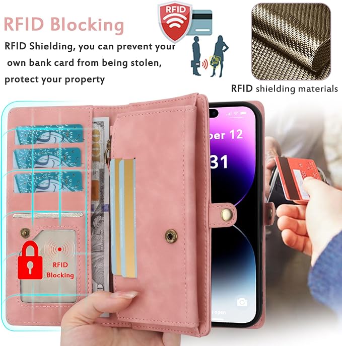 for Wallet Case Compatible with iPhone 14 Pro Max,Multi-Function Detachable 2 in 1 Magnetic iPhone 14 Pro Max Case Wallet,Flip Strap Zipper Card Holder Phone Case with Shoulder Straps (Pink)