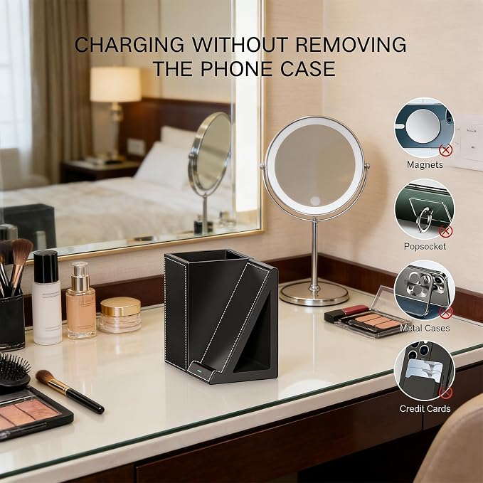 LADSTAG Makeup Brush Holder,Leather Makeup Brush Holder Organizer with phone charging stand,Makeup Organizers Countertop, Makeup organization and Skincare Storage for Vanity, Desktop, Bathroom