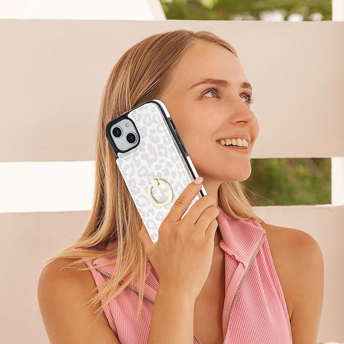 HAOPINSH for iPhone 13/ iPhone 14 Wallet Case with Card Holder, 360°Rotation Ring Kickstand, White Leopard Cheetah Pattern, RFID Blocking Leather for Girls Women, Double Buttons Flip 6.1"