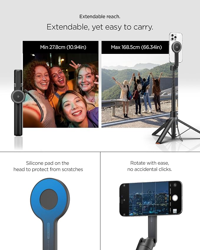 Spigen Selfie Stick Automatic Tripod Stand with Bluetooth Remote Control Shutter 57" Extendable Compatible with MagSafe iPhone 17/16/15/14/13/12 Pixelsnap Pixel 10 Series & More - Black (S581W)