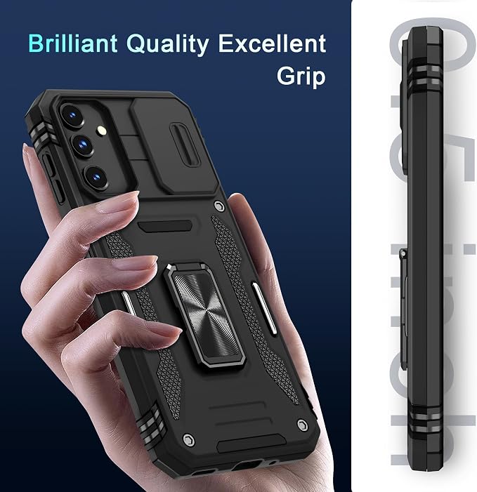 DEERLAMN Case for Samsung Galaxy A16 5G with Slide Camera Cover+Screen Protector (1 Pack), Rotated Ring Kickstand Military Grade Shockproof Protective Cover-Black