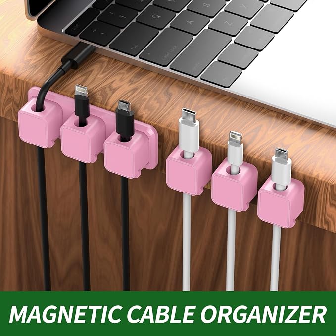 Magnetic Cable Organizer for Desk β Upgraded Wire Clips with Adhesive Base β Desktop Cord Holder for USB, Charging Cables β 6 Clips + 1 Magnetic Base (Pink)