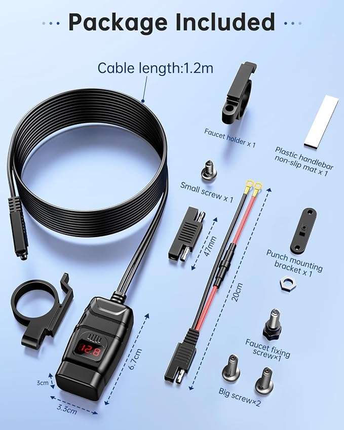 EXTRACTME Motorcycle USB Charger, 30W USB Type C PD & 24W QC3.0 Motorcycle Phone Charger with Voltmeter & ON/Off Switch, SAE to USB Motorcycle Accessories for Phone, Tablet, GPS, etc