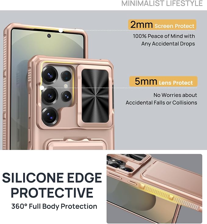 SSLOTSCASE for Samsung Galaxy S25 Ultra Case with Card Holder & Camera Stand & Kickstand & Slide Camera Lens Cover & Wallet, Heavy-Duty Shockproof Protection Phone Cover for S25 Ultra 6.9", Rose Gold