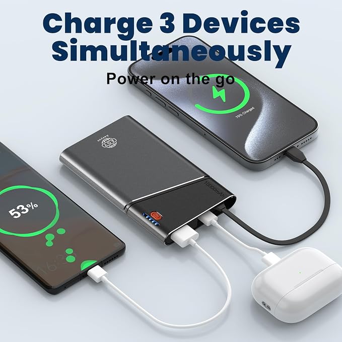 Aaoyun 10000mAh Portable Power Bank, 22.5W PD Fast Charging Battery Pack with Built-in USB-C Cable, Ultra-Slim External Phone Charger for iPhone 17/16/15, Samsung Galaxy S24, Android (Grey)