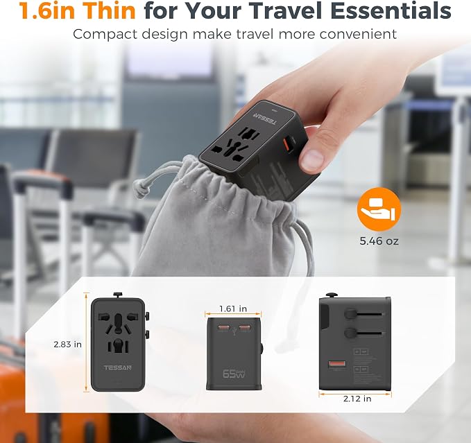 TESSAN Universal Travel Adapter, 65W International Power Adapter | 4 USB Charging Ports (2 USB C), Worldwide Plug Adaptor, US to Europe UK Italy Spain France Ireland Australia, Type C G A I