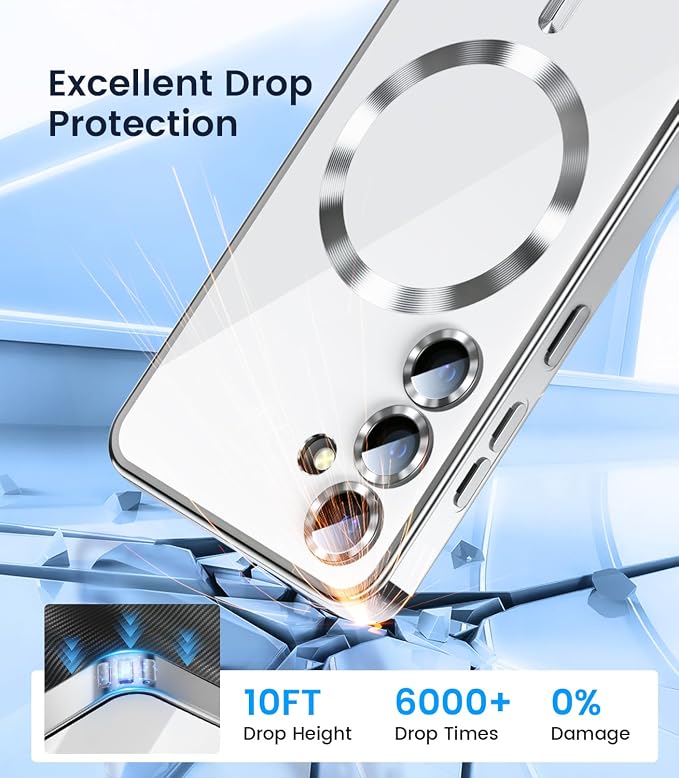 Slim Thin for Samsung Galaxy S25 Plus Clear Case, Compatible with MagSafe, Built-in Camera Lens Protector, Shockproof Protective Phone Case, Electroplated Bumper Cover, Silver