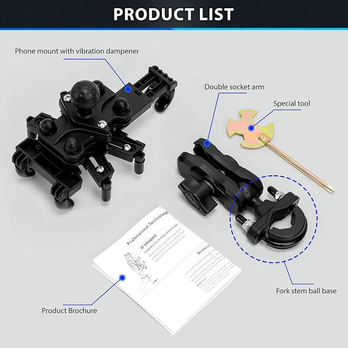 ELVANO Motorcycle Phone Mount Holder: Anti-Shake Phone Mount with Vibration Dampener for 4.7-7.2" Smartphone, Heavy Duty Adjustable Cellphone Clip Fits 0.6-1.3" Handlebar for Bike Bicycle Scooter ATV