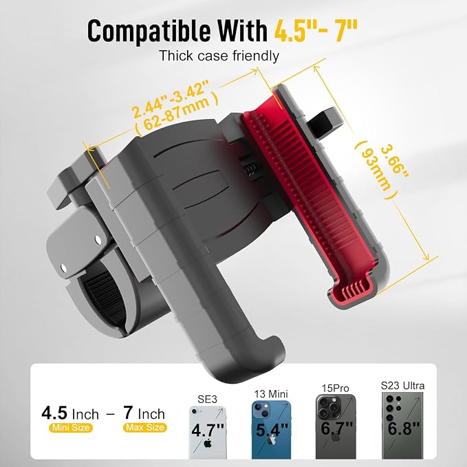 Moman Bike Phone Holder, PMS1 Universal Motorcycle Phone Mount【Unobstructed Lens】 360° Rotatable Quick Release Compatible with iPhone Samsung 4.5”-7.0” Phone, Motorcycle-Phone-Holder-Motorbike-Mount