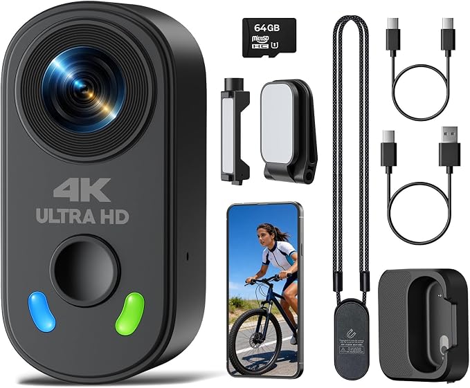 4K Mini Body Camera, Thumb Size POV Cam Action Camera with WiFi, EIS Stabilization, Magnetic Mount, 64GB Storage, Charging Case, Hands-Free Recording for Content Creator TikTok YouTube Vlogging