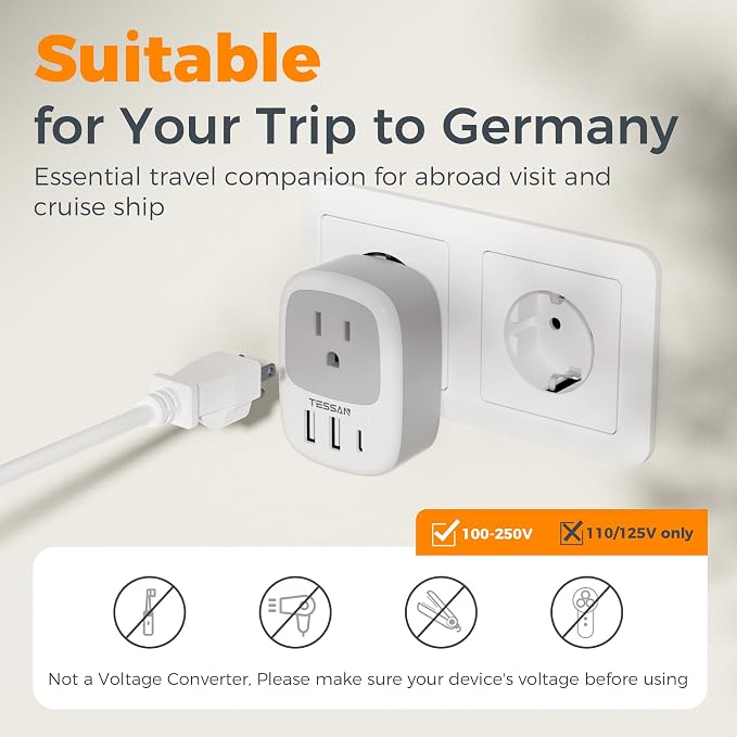 TESSAN 3 Pack Type E F Plug Adapter | Spain Adapter Plug, 3 USB Ports (1 USB C), South Korea Outlet Adapter