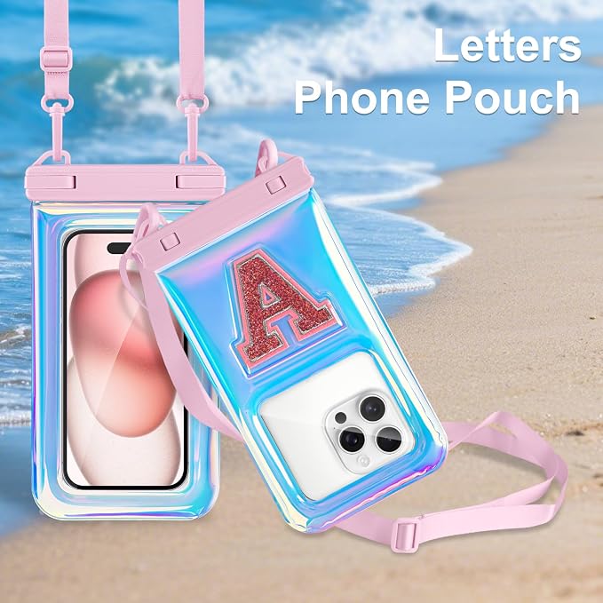 Waterproof Phone Pouch, IPX8 Floating Waterproof Phone Case Fits 7″Phones, Glitter Letter and Adjustable Neck/Crossbody Strap Design, Cruise Ship Travel Beach Essentials(Iridescent Pink