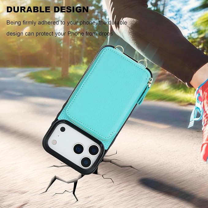 Bocasal Crossbody Wallet Case for iPhone 17 Pro Max, RFID Blocking Leather Purse Case with Card Holder, Protective Handbag Flip Cover with Zipper Wrist Strap Lanyard for Women 5G 6.9 Inch (Mint Green)