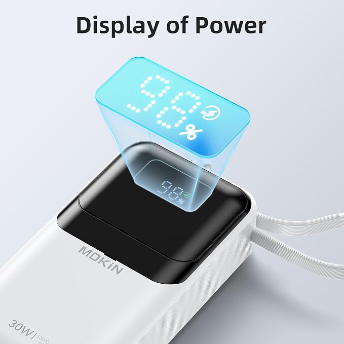 MOKiN Portable Charger, 10000mAh 30W Power Bank Fast Charging, Phone Battery Pack with Built in Cable, 4 Outputs, Travel Compact Powerbank USB C for iPhone iPad Pro MacBook Air Samsung