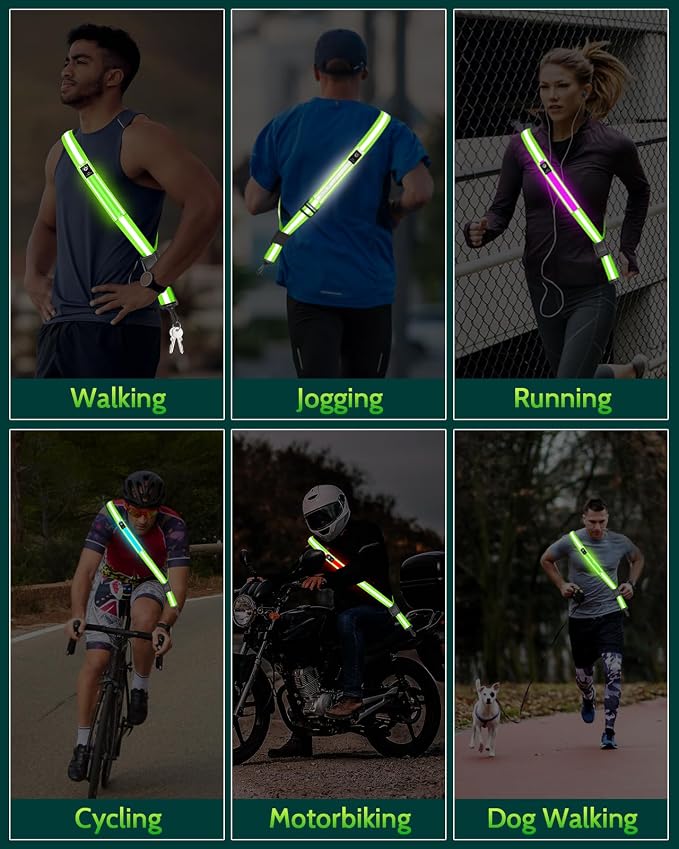 Fitense LED Reflective Belt Sash - 5 Lights Colors & 3 Light Modes High Visibility Night Safety Belt, Rechargeable Light Up Running Gear Adjustable Vest Straps for Runners Walkers Men Women