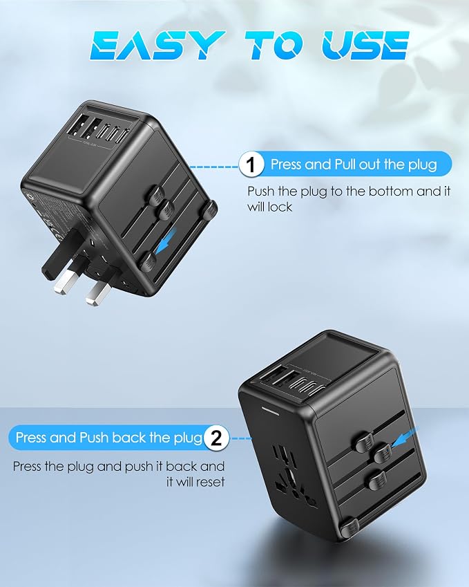 Universal Travel Adapter, 30W 6.0A for Europe UK US 200+ Countries | 5 USB C/A Ports, 2500W AC Outlet, Multi Plugs 110V 220V A/C, International Power Adapter for Phone Laptop & All USB Devices