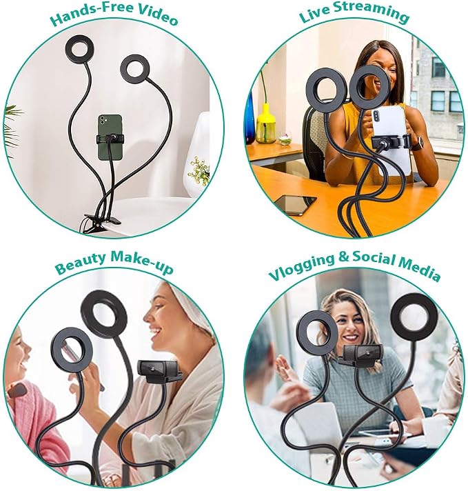 NexiGo 3.5 Inch Dual Selfie Ring Light with Moible Phone & Webcam Holder, 3-Light Modes, 10 Brightness Levels, LED Ringlight with Tripod Stand, for Live Streaming Makeup Video Conference