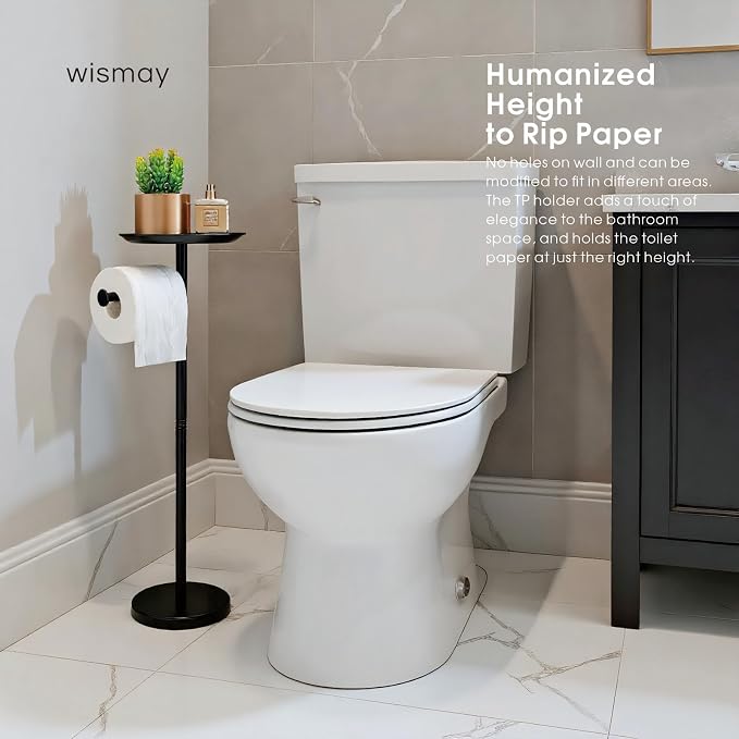 Toilet Paper Holder Stand with Shelf on Top, Black TP Roll Holder Floor Standing, Sturdy Base (Black)