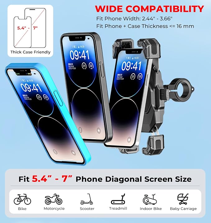 VAZESWIN Motorcycle Phone Mount, 1s Lock Bike Phone Holder, One-Handed Operation Motorcycle Cellphone Mount with Aluminum Alloy Handlebar Mounting Base for Bicycle Scooter, Fit 5.4"-7" Smartphone