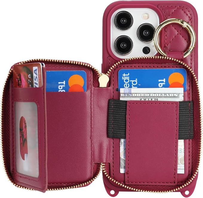 Crossbody Wallet Case for iPhone 14 Pro, PU Leather Zipper Handbag Purse Flip Cover, Kickstand Folio Case with Card Slots Holder Wrist Strap Lanyard 5G 6.1 Inch-Dark red