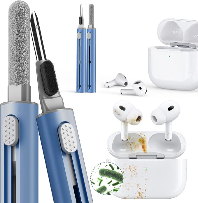 Inesore Cleaner Kit for Airpods Pro 3 2 1 Series,Multi-Function Cleaning Pen Tool for Earbuds Headphone iPhone Camera Electronic Devices,with Soft Brush Flocking Sponge -Deep Blue