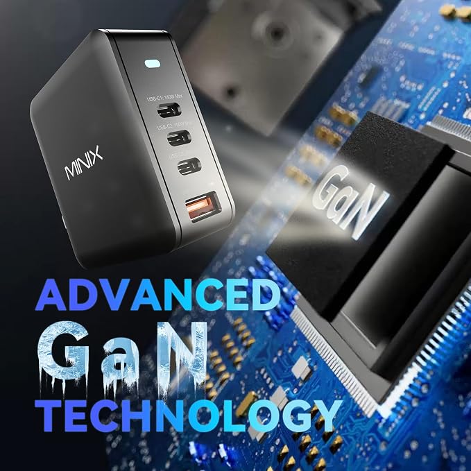 MINIX 165W USB C Charger,GaN II Charger PD3.1 Max 140W,Turbo 4-Port Charging Adapter, Fast Charging Station, Compatible with MacBook Pro/iPad Air/iPhone15 14 13Pro Max/Galaxy S24 Ultra and More