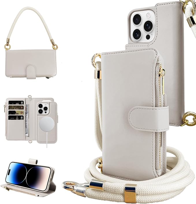for iPhone 16 Pro(6.3 inches) Detachable Wallet Case with Crossbody.Multi-Function 2 in 1 Magnetic Wallet Case with Card Holder.Flip Strap Zipper Phone Case with Shoulder Straps