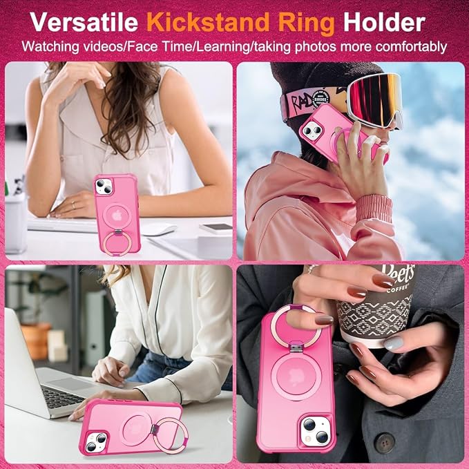 360° Magnetic Swivel Ring for iPhone 14 case, Built-in Metal Stand and Ring Holder, Magsafe Compatible, Military Grade Protection, Shock Resistant - Rose Pink