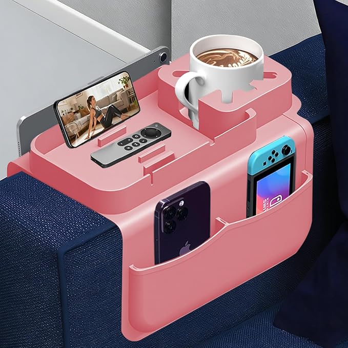Silicone Couch Cup Holder for Tablet & Phone Stand, Sofa Arm Tray Organizer with Dual Side Pockets for Remotes Snacks Headphones & Glasses Drinks Anti-Slip & Heat Resistant Sofa Caddy (Pink)