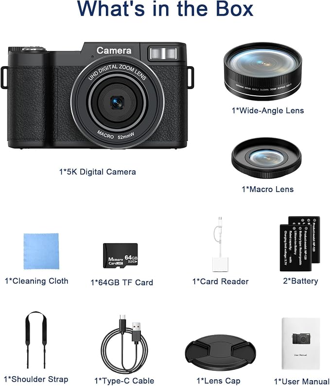 FLATIC 5K Digital Camera with WiFi, Cameras for Photography with 180°Flip Screen, Vlogging Camera with 64GB Card, Battery, Camera for Beginner, Teens