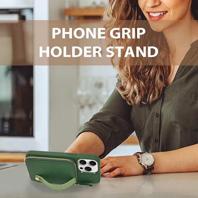 LAMEEKU for iPhone 15 Pro Max Wallet Case, Zipper Leather Card Slots Crossbody Case with Phone Grip Holder Stand Wrist Strap Lanyard for Women for iPhone 15 Pro Max 6.7 inch Dark Green