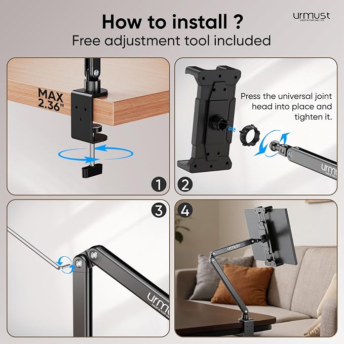 Urmust Portable Monitor Stand 15.6", iPad Stand for Desk & Bed, Portable Monitor Holder up to 18.5", Adjustable Desktop Tablet Arm Mount, Apple iPad Holder for Desk, for 4.7"-12.9" iPad Pro/Air/Mini